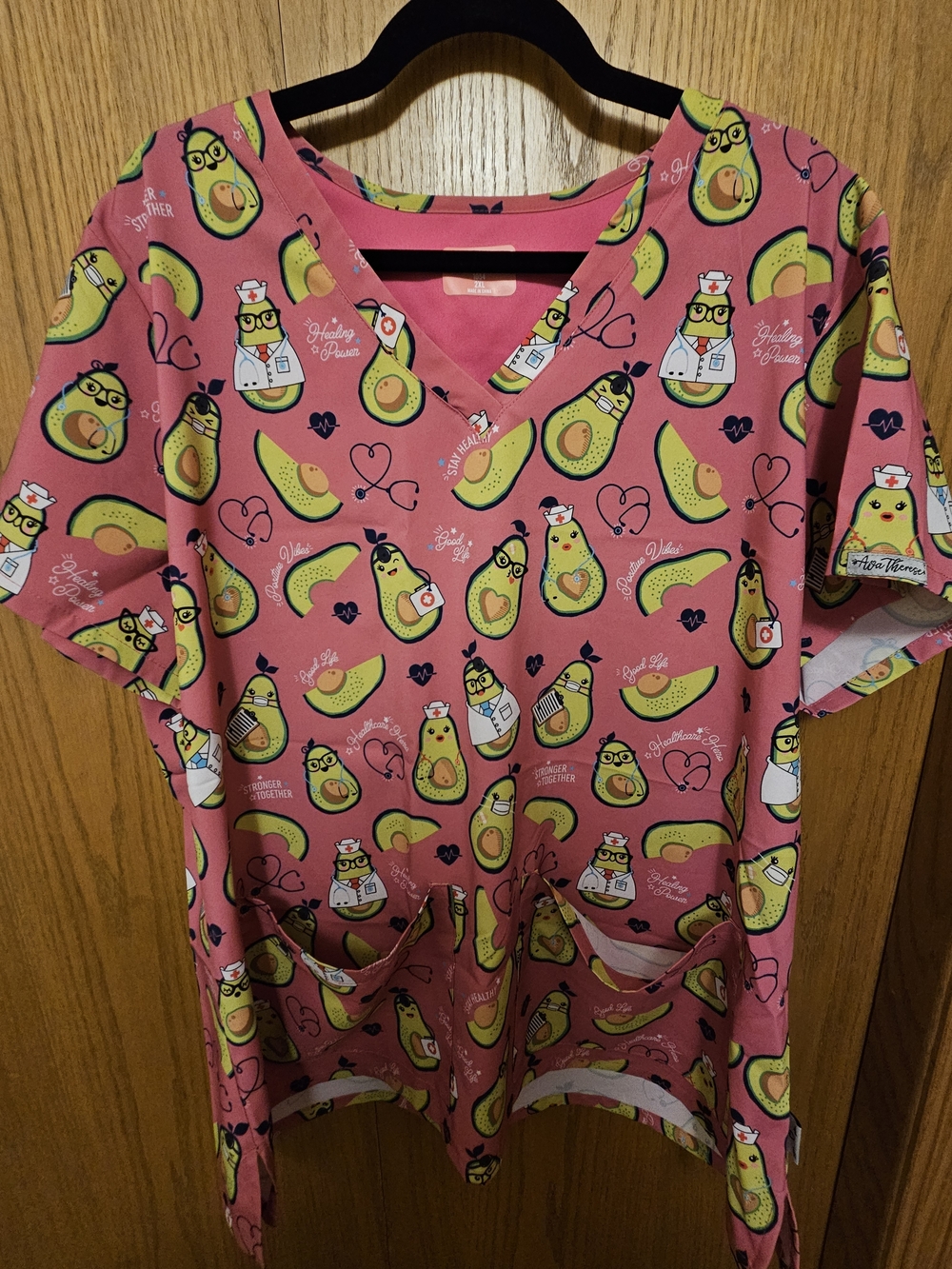 Women's Pink Avocado-Print V-Neck Scrub Top
